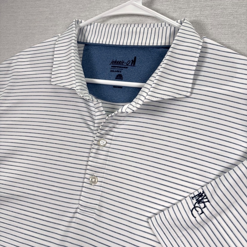 Johnnie-O Michael Polo Shirt Mens XXL White Blue Striped UPF 50 Golf Logo